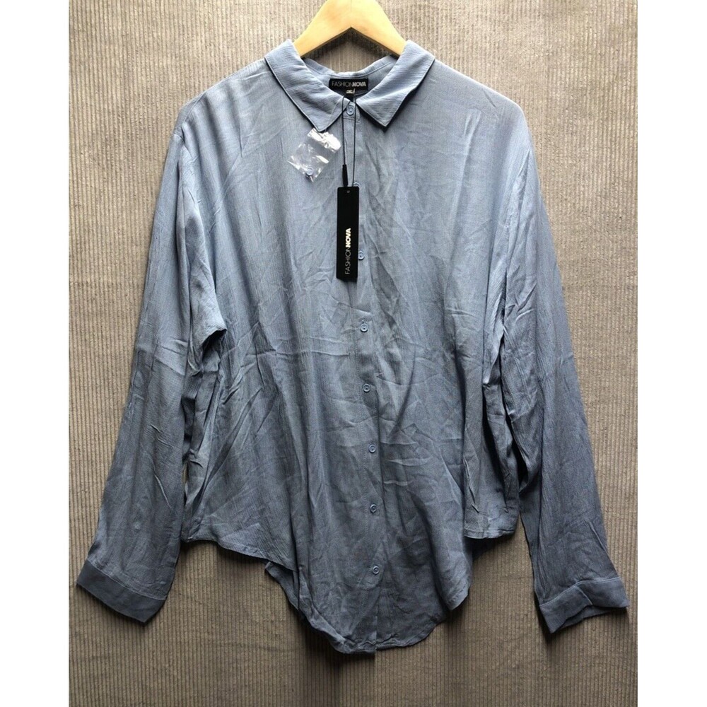 Fashion Nova Shirt Women’s XL Blue To Top It Off Shirt Crinkle Convex Hem NWT
